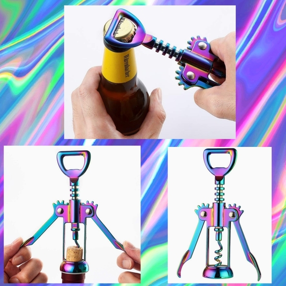 Iridescent Rainbow Dichroic Oil Slick Color Shift Wine Bottle Opener Bar Tool - Picture 4 of 11